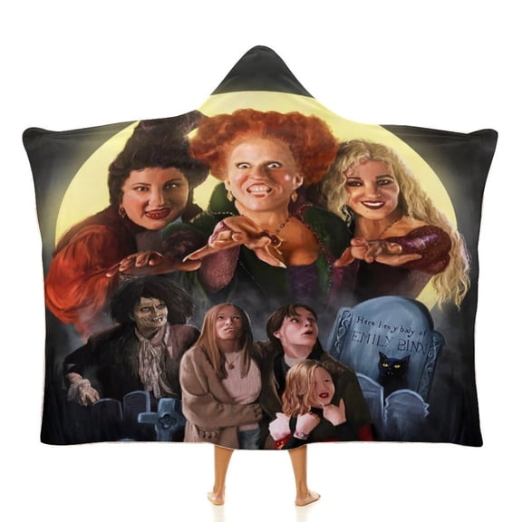 Hocus Pocus Hooded Blanket Poncho, Wearable Hooded Blanket Cozy Soft Warm Plush Fleece Blanket for Women Men Teen 40"x50"