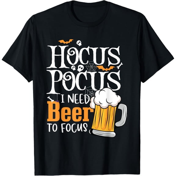 Hocus Pocus I Need Beer To Focus Funny Beer Halloween T-ShirtMen and women, Black T-shirt, size: Extra large S-4XL