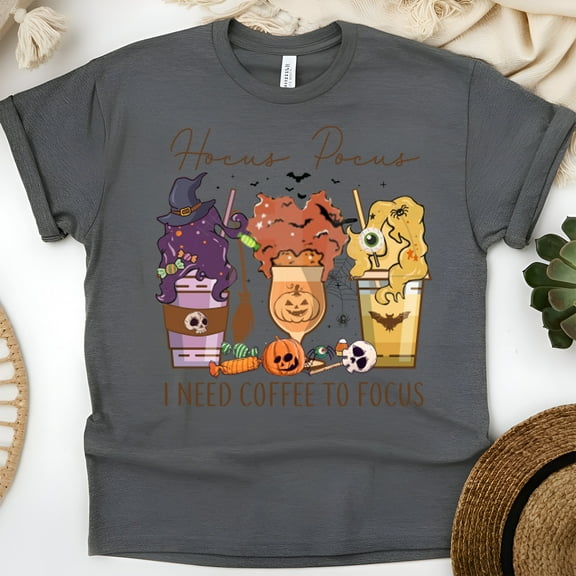 Hocus Pocus I Need Coffee To Focus Graphic Tee | Funny Witchy Coffee Shirt for Women, Dark Heather, Size S
