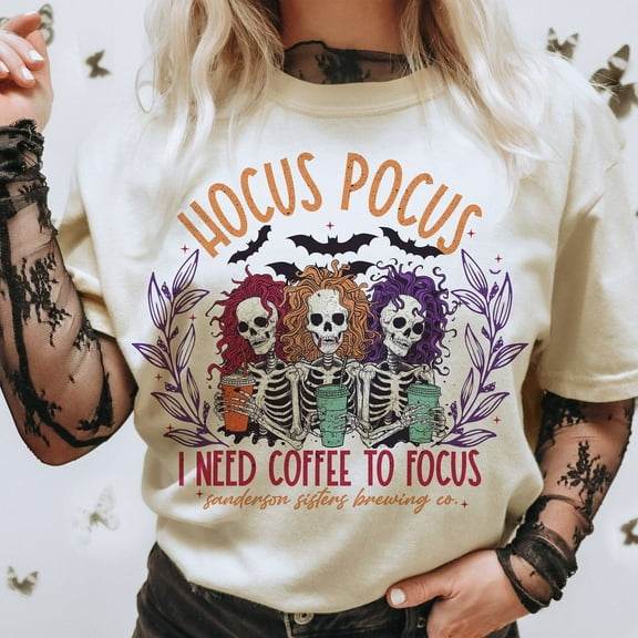 Hocus Pocus I Need Coffee To Focus Shirt, Retro Shirt, Trending Shirt, Gothic Shirt, Skull Shirt, Witch Shirt, Spooky Girl Shirt