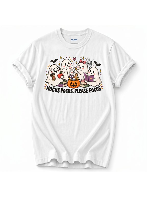 Hocus Pocus Please Focus T-Shirt, Funny Teacher Ghost Halloween Shirt, Spooky Classroom Graphic Tee, Teacher Gift