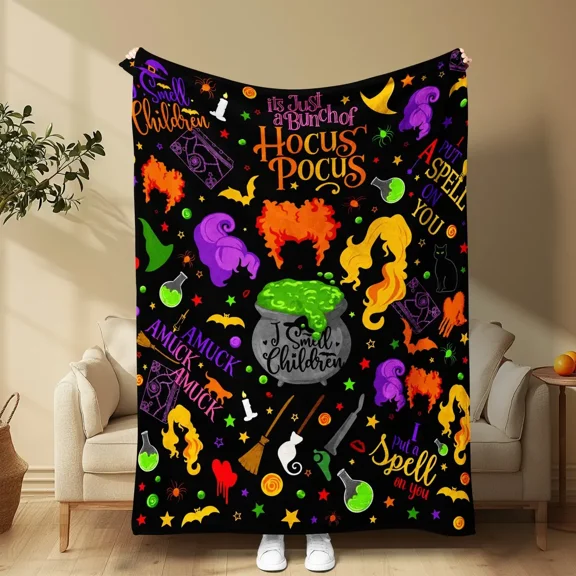 Hocus Pocus Sanderson Sisters Witch Cauldron Throw Blanket, Soft Flannel Fleece Blanket, Cozy Lightweight Blanket for Bed Sofa Couch, Home Decor Gift for Fans