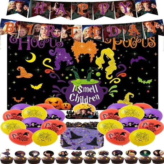 Hocus Pocus Theme Party Decoration Set, Hocus Pocus Party Decorations, Banners, Balloons, Background Cloth and Other Decorations Used for Party Decoration.