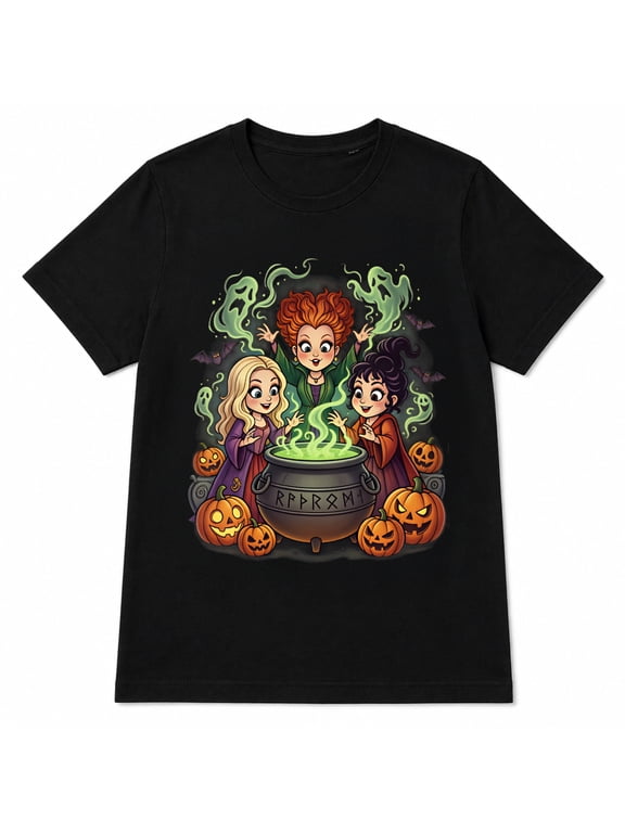 Hocus Pocus Witch Cauldron Women's Round Neck Short Sleeve Halloween Pattern