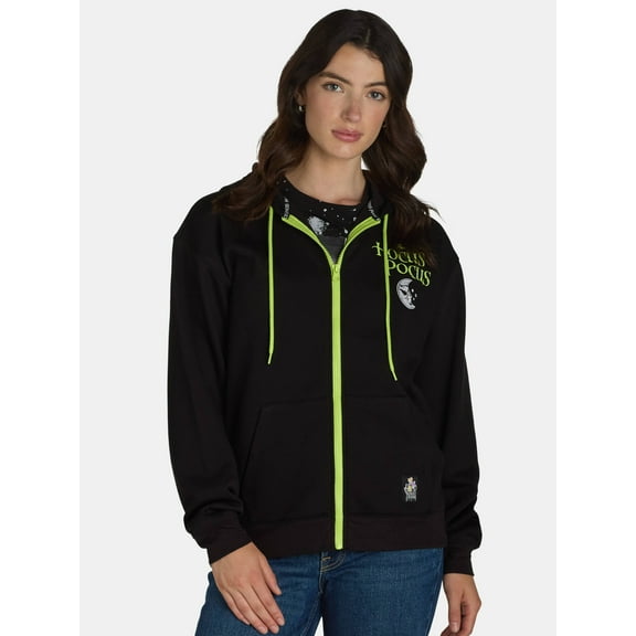 Hocus Pocus Women’s Glow in the Dark Graphic Print Zip Hoodie, Sizes XXS-XXL