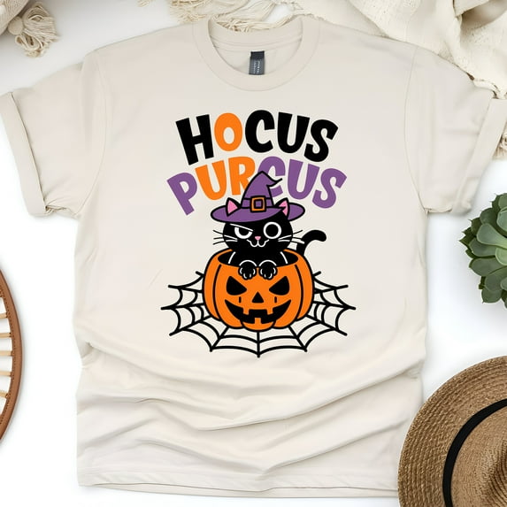 Hocus Purcus Halloween Cat Shirt for Adults, Cute Witch Kitty Pumpkin Tee, Natural, Size S
