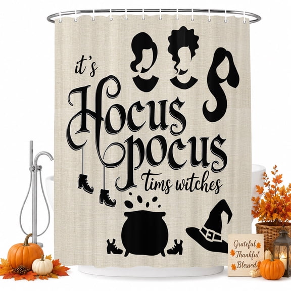 It's Hocuspocus Time Shower Curtain for Bathroom, Witches Hat Shoes Hairstyle Linen Texture Waterproof Cloth Fabric Bathroom Accessories Set with 9 Rust Proof Plastic Hooks, 36"x72"