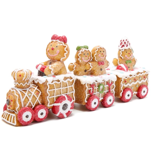 Hodao Christmas Gingerbread Train Figurine Set Resin Holiday Tabletop Decoration Hand-Painted Gingerbread Family Design JOY Letter Christmas Centerpiece