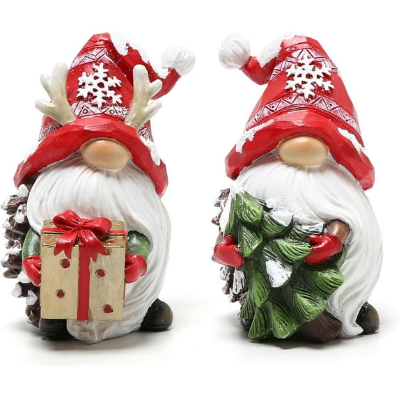 Hodao Christmas Gnome Figurines 2PCS – Resin Santa Gnomes with Gift & Tree – Hand-Painted Holiday Decorations for Tiered Tray, Tabletop, Fireplace, Office & Home