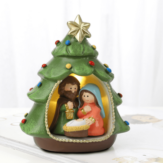 Hodao Christmas Nativity Scene Decoration LED Light-up, Resin Christmas Tree - Shaped Manger Figurine with Holy Family and Colorful Ornaments