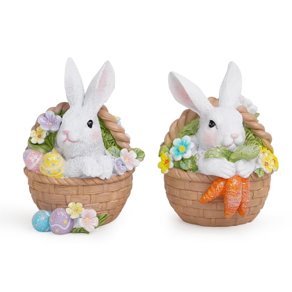 Hodao Easter Bunny Basket Figurines Set – 2-Piece Indoor Home Decor Ornaments for Bedroom, Living Room Decorations & Festive Gift