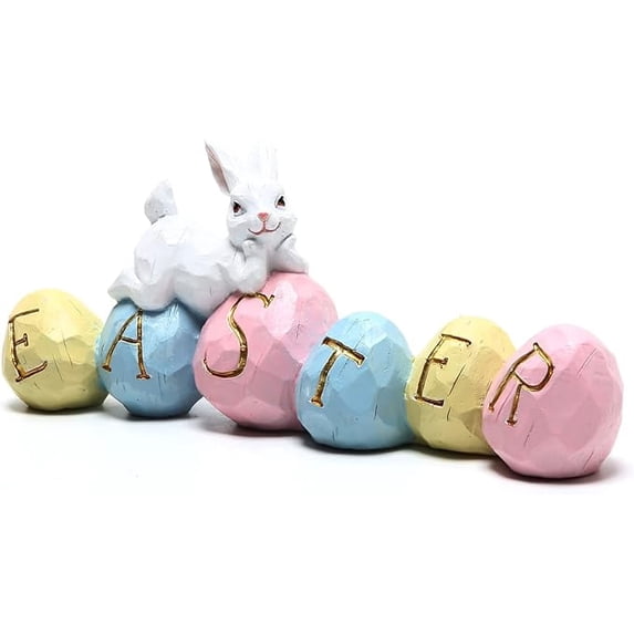 Hodao Easter Bunny & "EASTER" Egg Figurines Set - Cute Indoor Home Decor Ornaments for Bedroom & Living Room, Festive Spring Decorations, Ideal Gift for Easter Celebrations