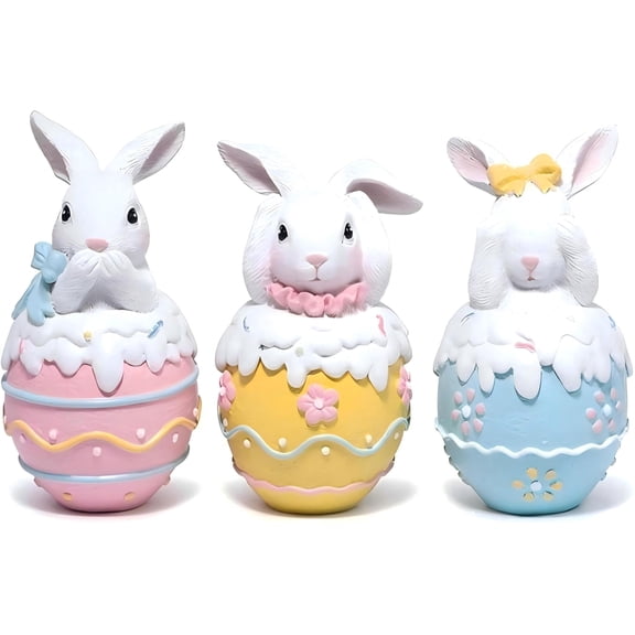 Hodao Easter Bunny Egg Figurine Set (3-Piece) – Pastel Indoor Home Decor Ornaments for Bedroom, Living Room Decorations & Festive Gift
