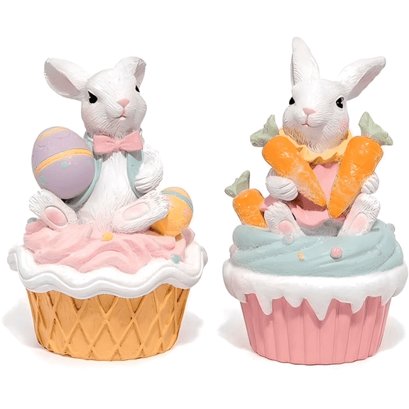 Hodao Easter Bunny Figurines Set (2 Pcs) - Cute Indoor Home Decor Ornaments for Bedroom, Living Room Decorations, Festive Gift for Spring & Easter