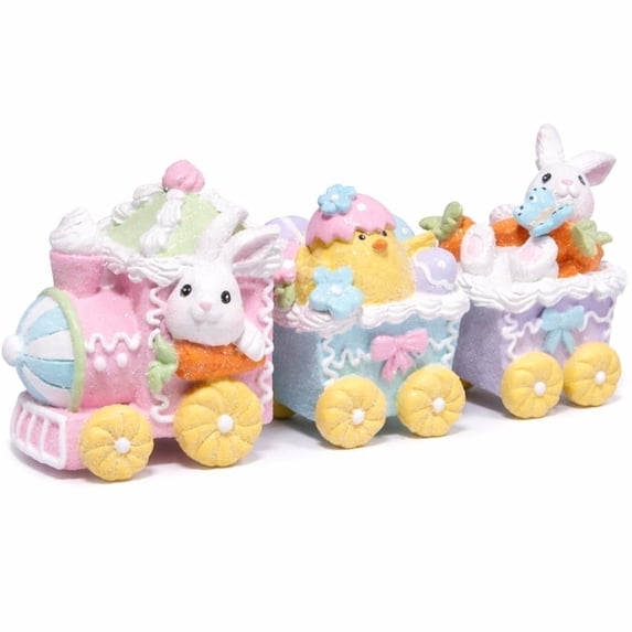 Hodao Easter Bunny Train Figurine Set (3-Piece) – Whimsical Indoor Home Decor Ornaments for Bedroom, Living Room Decorations & Festive Gift