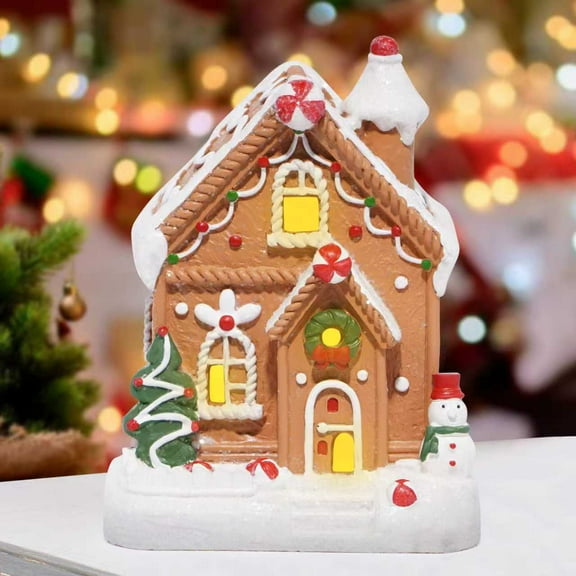 Hodao Gingerbread House ,LED Light-up,Christmas Decoration Ornament , Creative Resin Candy House with Snowman and Christmas Tree, Festive Craftwork