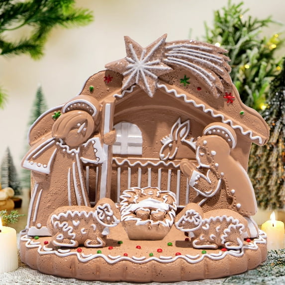 Hodao Gingerbread Nativity Scene Figurine – Resin Christmas Decoration – Hand-Painted Holy Family Display with Manger, Sheep & Star – Tabletop Holiday Decor
