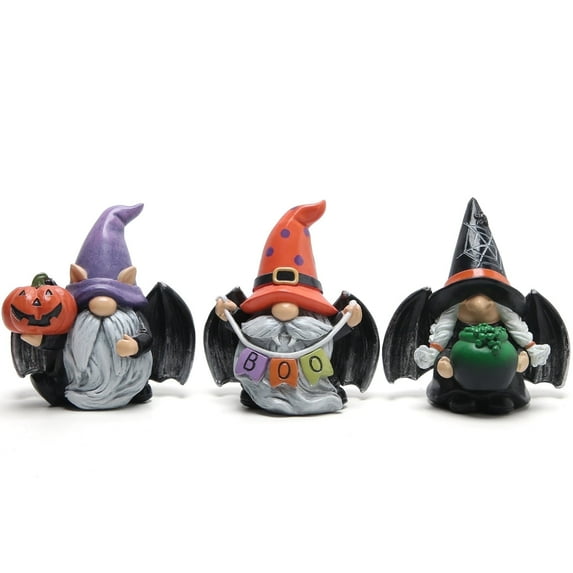 Hodao Halloween Gnome Decorations Set of 3 – Resin Bat-Winged Witch Gnomes with Pumpkin, “BOO” Banner, and Cauldron – Hand-Painted Halloween Figurines for Home, Tabletop, Porch, or Garden Decor