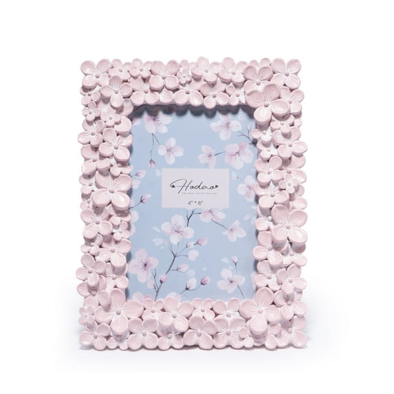 Hodao Handcrafted Floral Decorative Photo Frame, 4x6 Inch Pink Resin Picture Frame, Cute Home Decor Accent