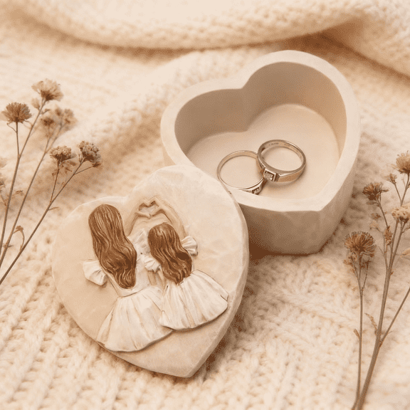 Hodao Handmade Heart-Shaped Resin Jewelry Box with Sister Figurine Decorative Trinket Box for Women, Girls, Sister Gifts, Mother's Day, Friendship or Birthday