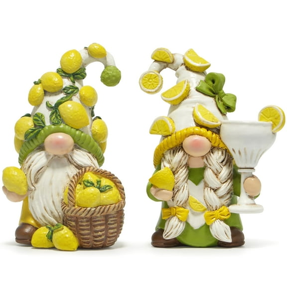 Hodao Summer Lemon-Themed Gnome Figurine Set of 2 – Handcrafted Resin Decor Ornaments, Fresh Citrus Design, Summer Decoration Gift for Home, Kitchen, and Dining Table