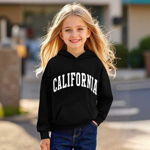 Hoddies Kids City Name Letter Print Black Hooded Long Sleeve Hooded Sweatshirt Top Fall Winter Clothes 2T Old Girl Clothes