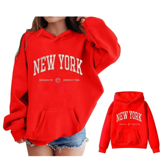 Hoddies Kids City Name Letter Print Red Hooded Long Sleeve Soft Sweatshirts Top Warm Fall Winter Clothes Toddler Girls Clothes 11-12 Years