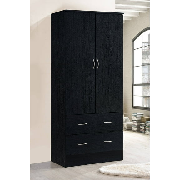 Hodedah 2-Door Armoire with 2-Drawers and Clothing Rod in Black