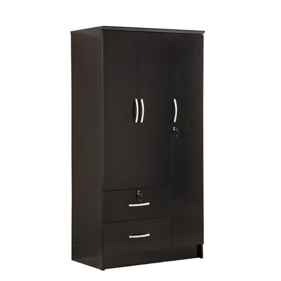 Hodedah 3-Door 36 in. Wide Armoire with 2-Drawers, Clothing Rod and 3-Shelves in Black
