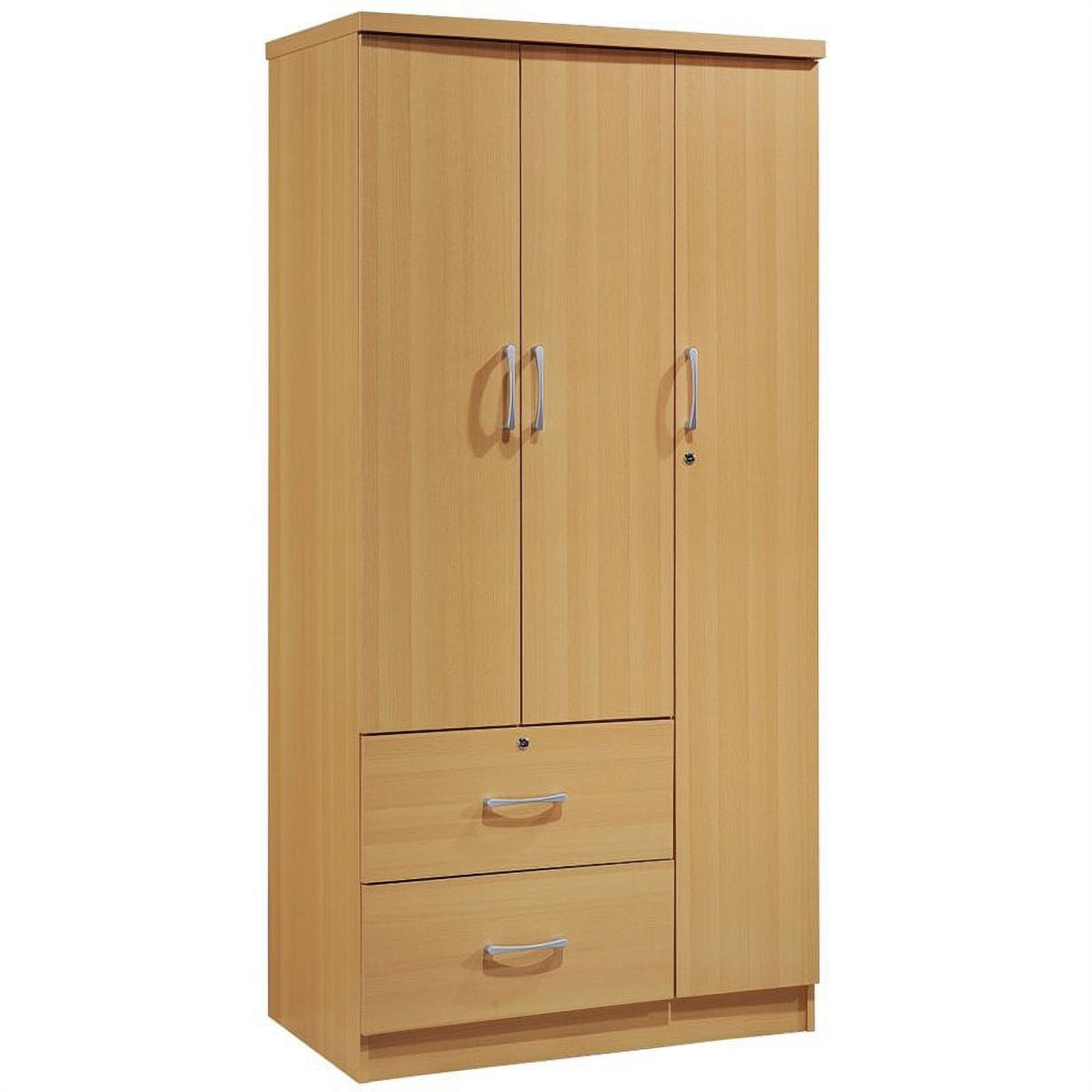 Beech 3-Door Armoire with Drawers and Shelves