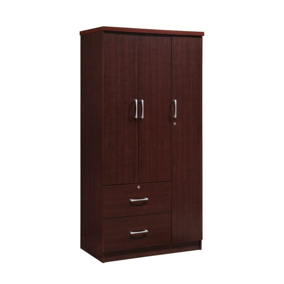 Hodedah 3 Door Armoire with 2 Drawers 3 Shelves in Mahogany Wood