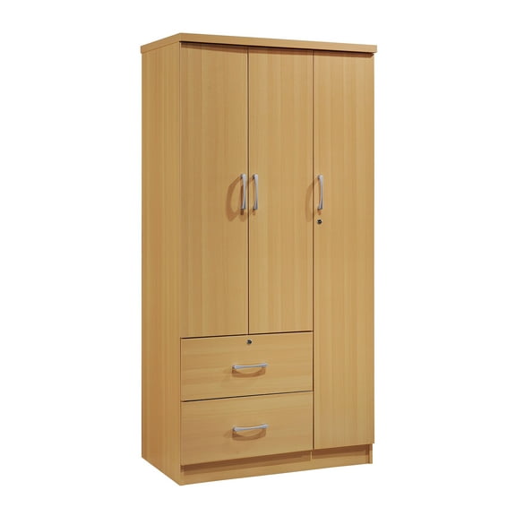 Hodedah 3 Door Bedroom Armoire with Drawers, Beech