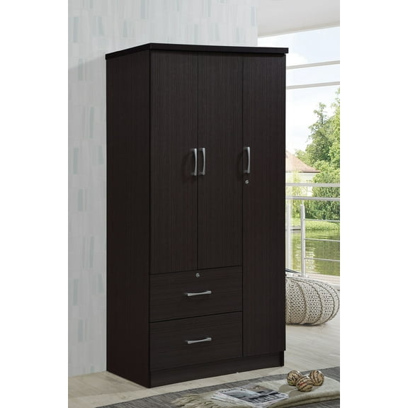 Hodedah 3 Door Bedroom Armoire with Drawers, Chocolate