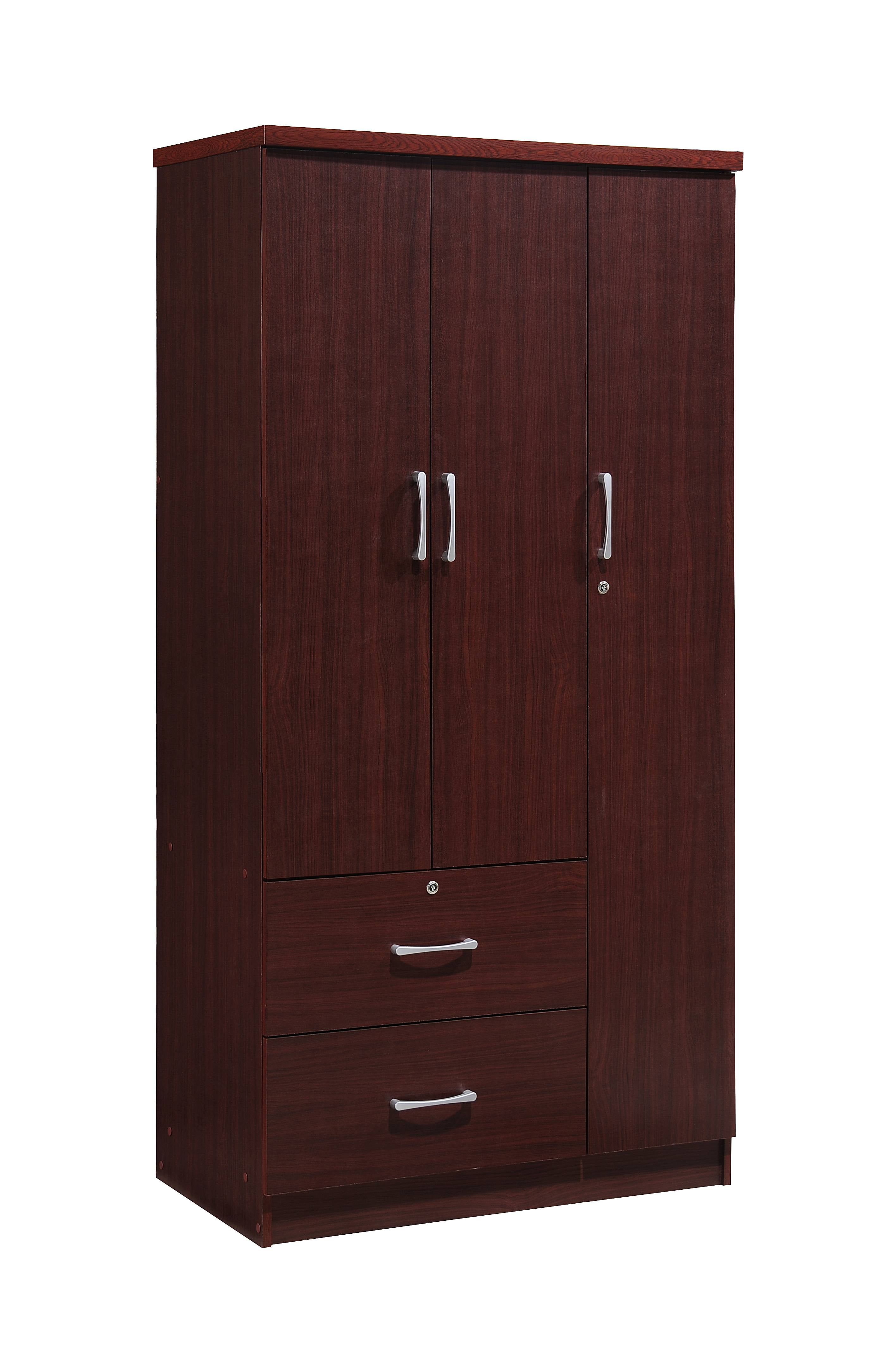 Hodedah 3 Door Bedroom Armoire with Drawers, Mahogany