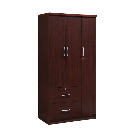 Hodedah 3 Door Bedroom Armoire with Drawers, Mahogany