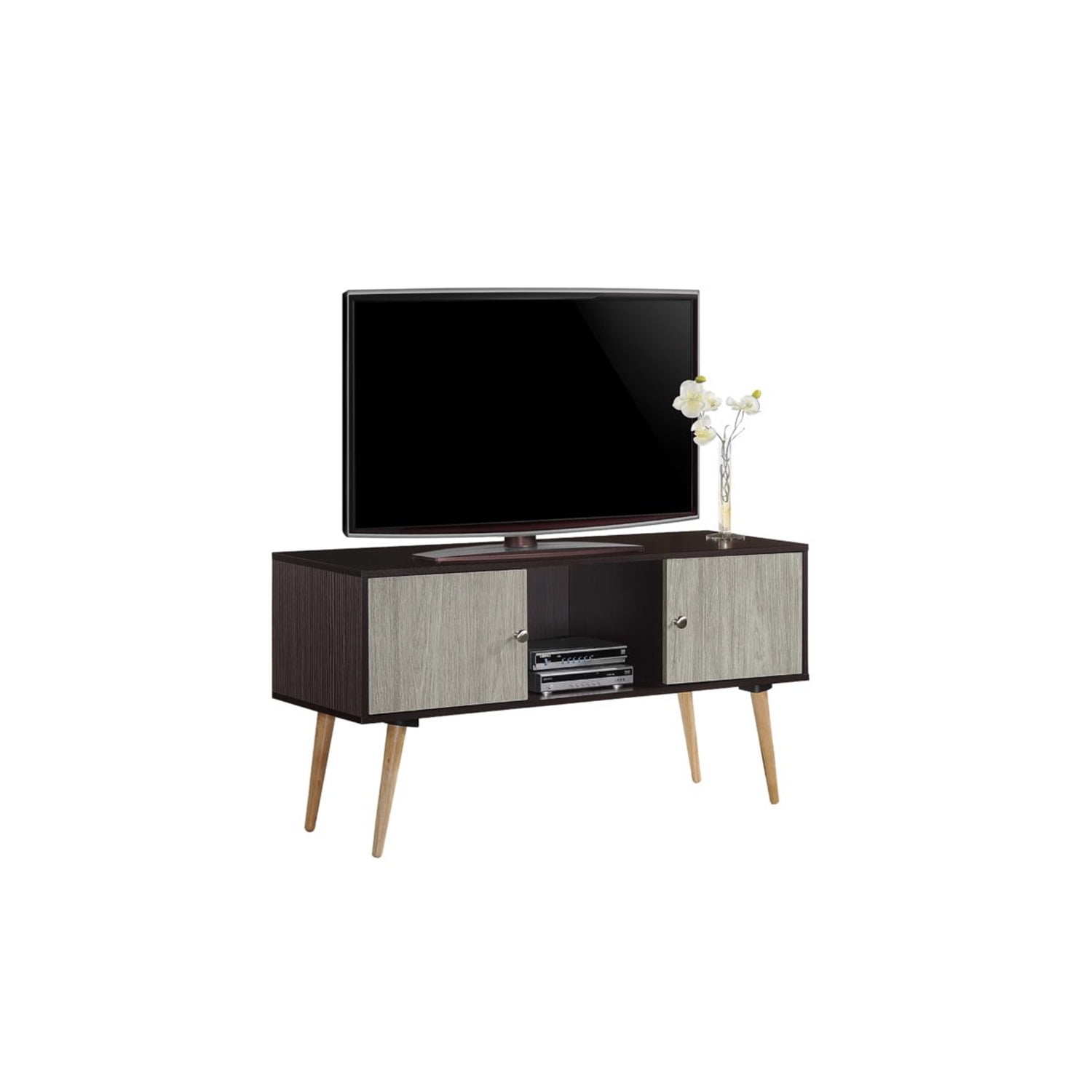 Retro Chocolate Wooden TV Stand with Open Shelf and Storage