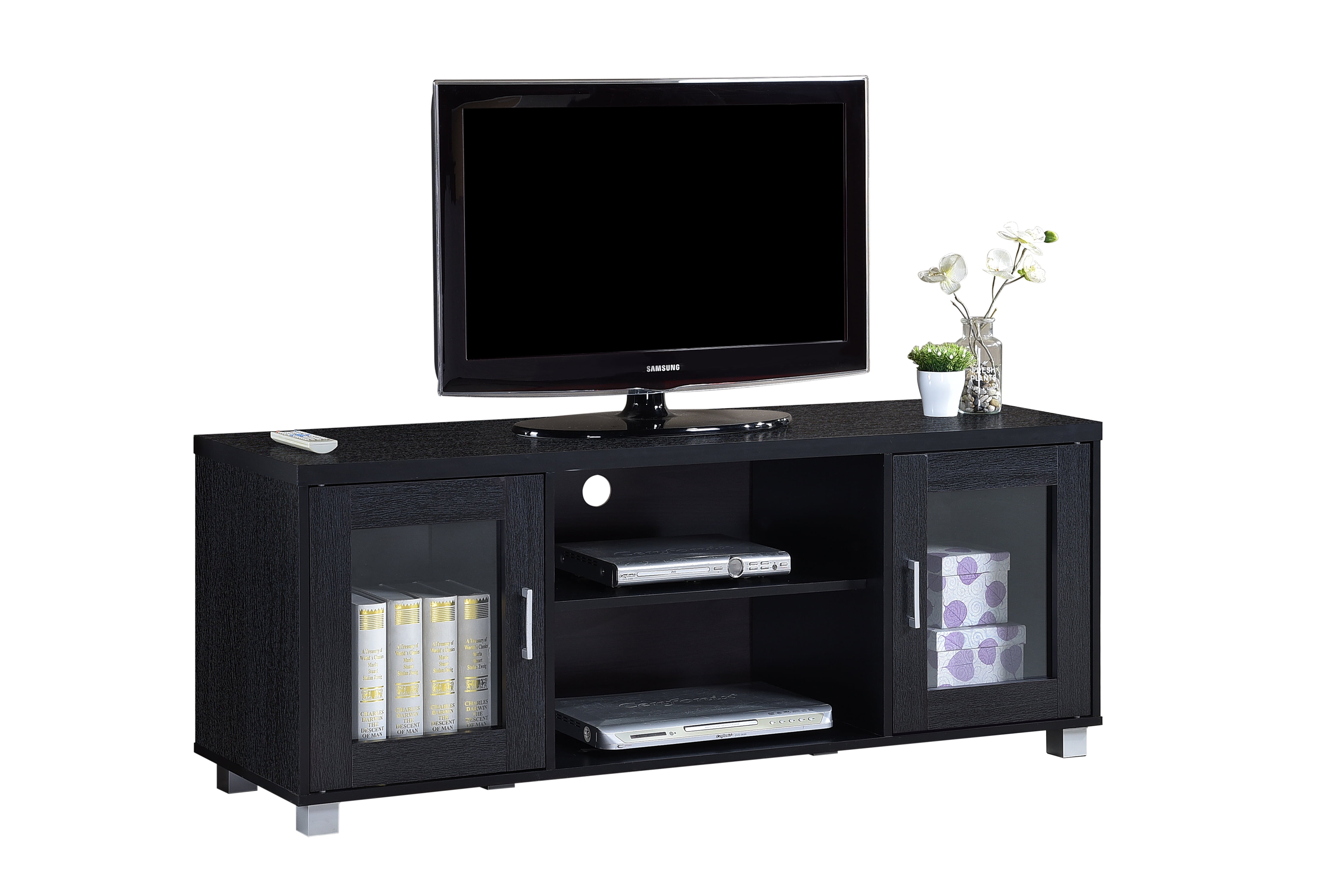 Charcoal Black 57" Entertainment Center with Transparent Cabinet Doors