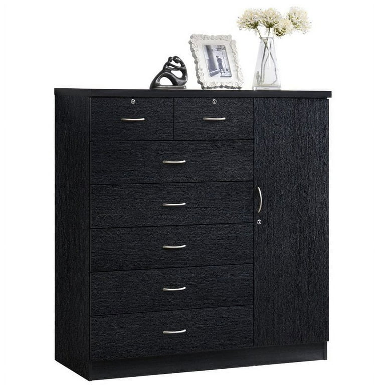Hodedah Tall Wooden 7 Drawer 1 Door Bedroom Dresser, Black