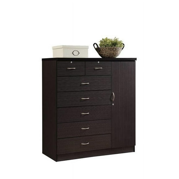 Hodedah 7-Drawer Chest with Locks On 2-Top Drawers Plus 1-Door - Chocolate