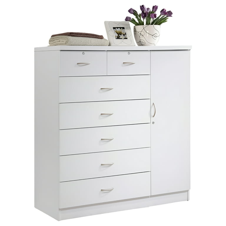 Hodedah 7 Drawer Chest with Locks on 2 Top Drawers Plus 1 Door 3 Shelves White