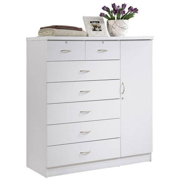 Hodedah 7-Drawer Chest with Locks on 2-Top Drawers Plus 1-Door 3-Shelves - White