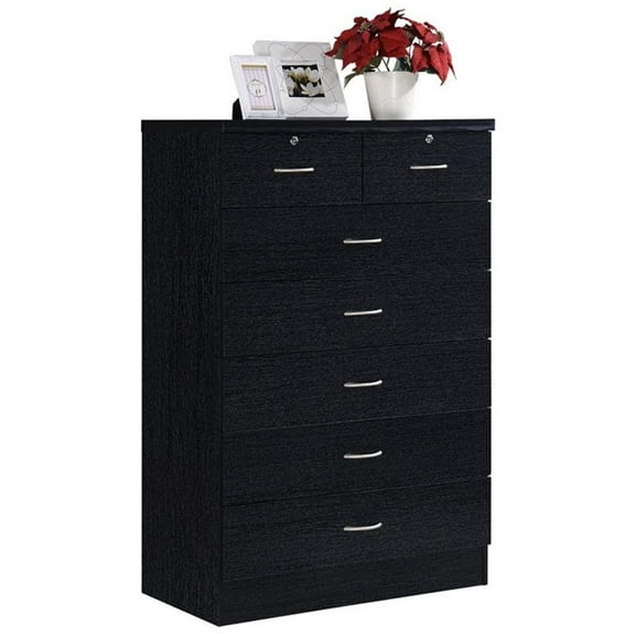 Hodedah 7 Drawer Wooden Jumbo Dresser Chest with 2 Top Locks, Black
