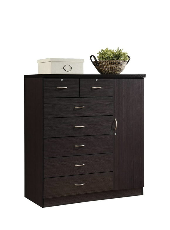 Hodedah 7-Drawer Dresser with Side Cabinet equipped with 3-Shelves, Chocolate