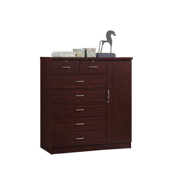 Hodedah 7-Drawer Dresser with Side Cabinet equipped with 3-Shelves, Mahogany