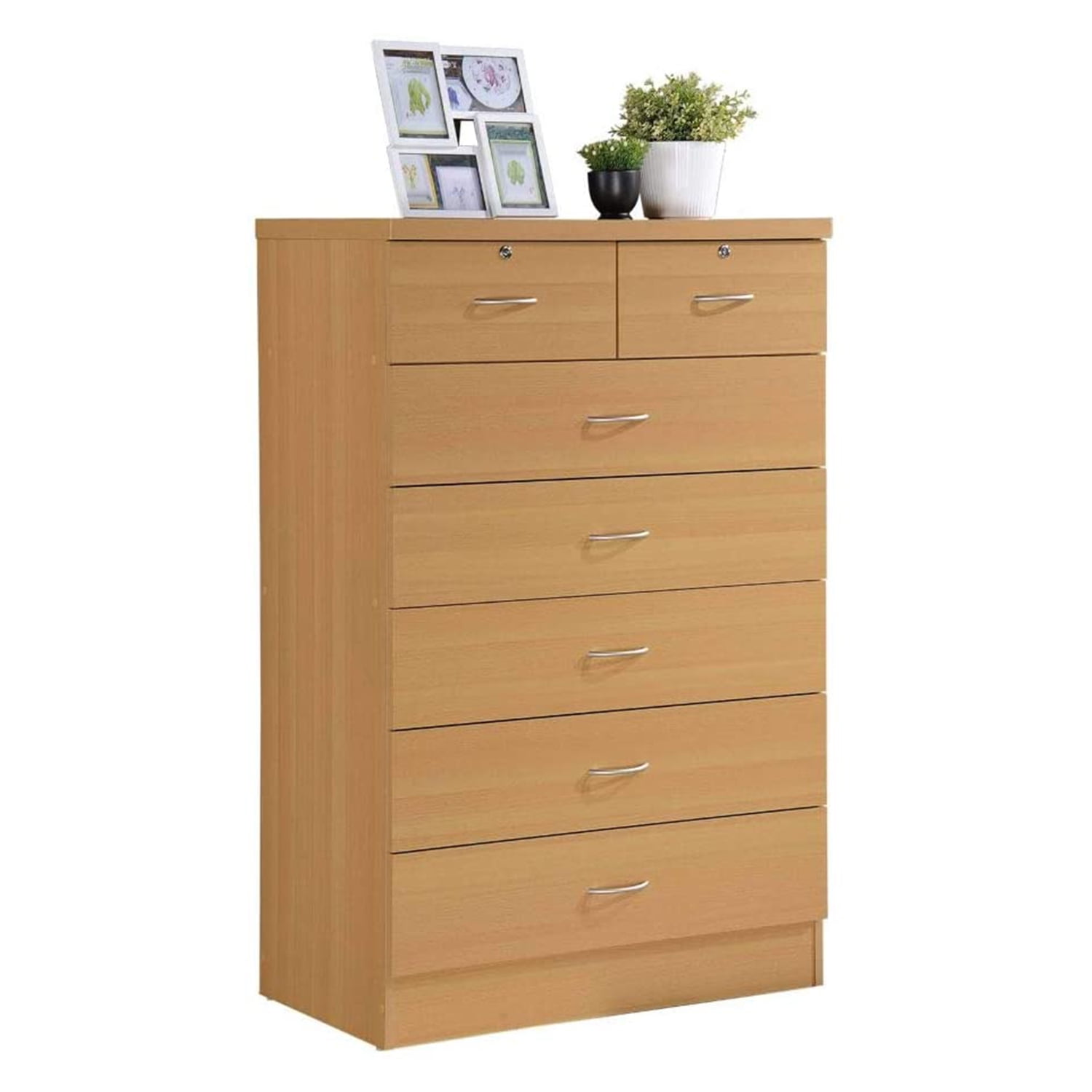 Hodedah 7Drawer Jumbo Chest with Locks, Beech, Tall Bedroom Dresser