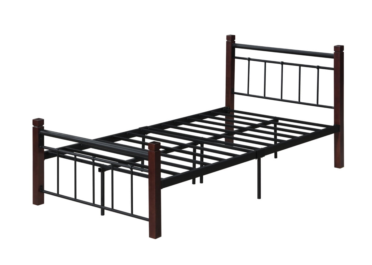 Hodedah Complete Black Metal Platform Bed With Mahogany Wood Post In ...