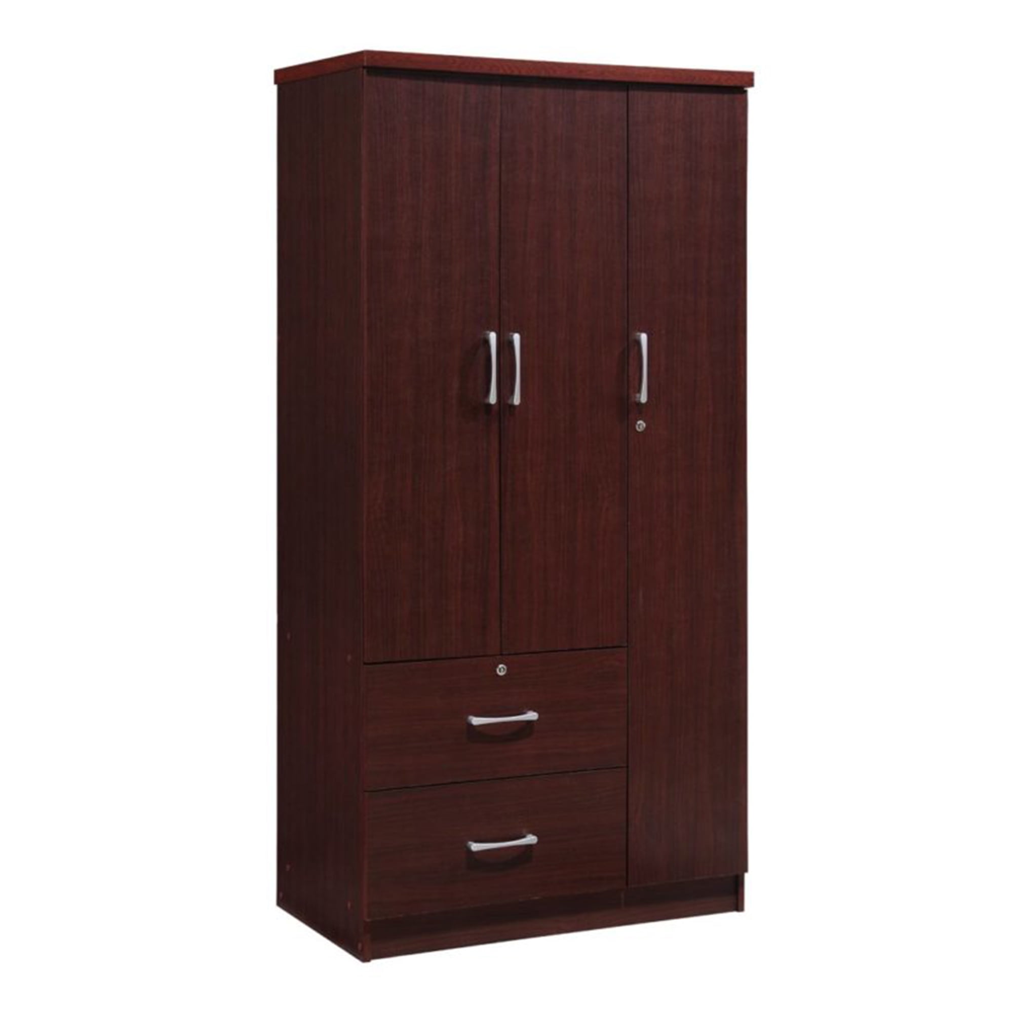 Hodedah 3Door Wooden Wardrobe Armoire with Rod, Drawers, Shelves