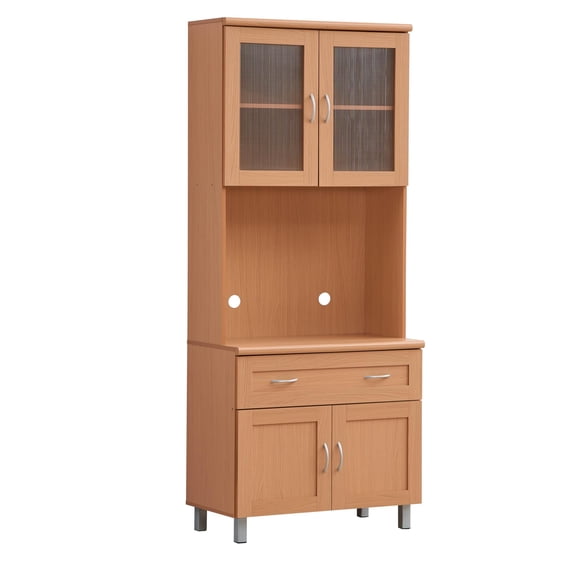 Hodedah Kitchen Cabinet with Top and Bottom Enclosed Cabinet Space in Beige Wood