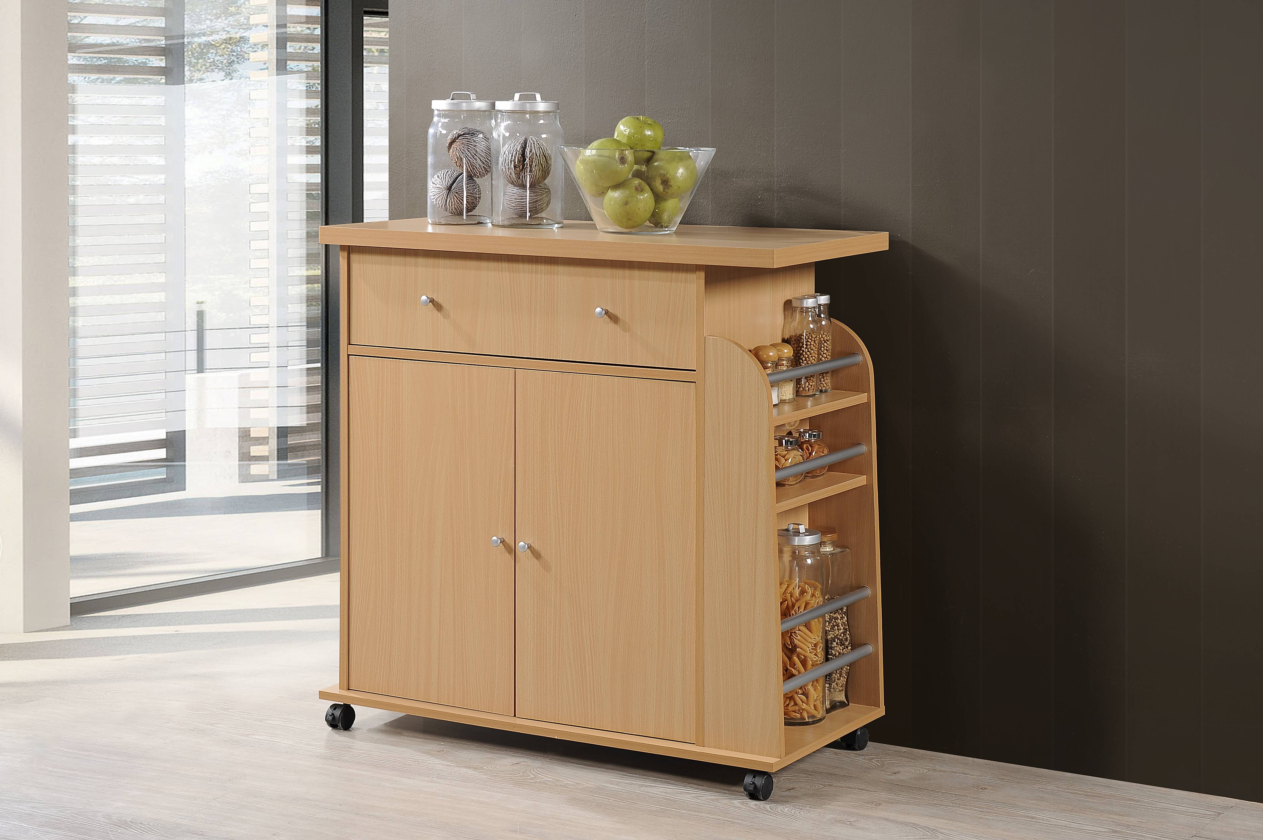 Hodedah Kitchen Cart with Spice Rack & Towel Rack, Beech