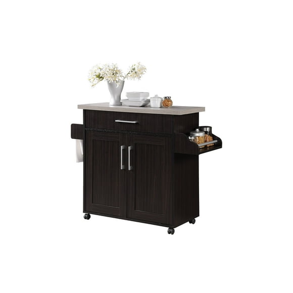 Hodedah Kitchen Cart with Spice Rack plus Towel Holder, Chocolate-Grey